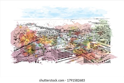 Building view with landmark of Akron is a city in Ohio. Watercolor splash with hand drawn sketch illustration in vector.
