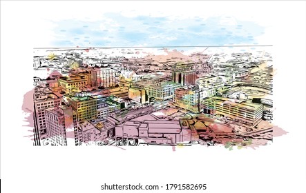 Building view with landmark of Akron is a city in Ohio. Watercolor splash with hand drawn sketch illustration in vector.