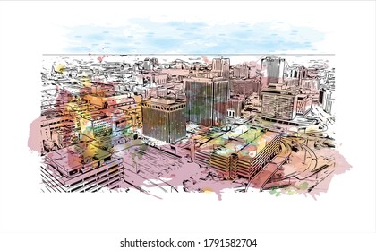 Building view with landmark of Akron is a city in Ohio. Watercolor splash with hand drawn sketch illustration in vector.