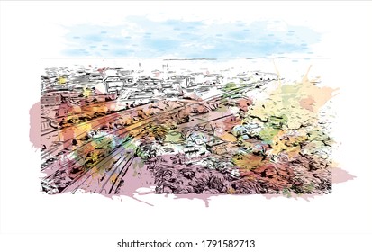 Building view with landmark of Akron is a city in Ohio. Watercolor splash with hand drawn sketch illustration in vector.