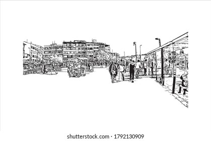 Building view with landmark of Aksaray is a city in the Central Anatolia region of Turkey. Hand drawn sketch illustration in vector.