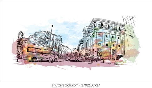 Building view with landmark of Aksaray is a city in the Central Anatolia region of Turkey. Watercolor splash with hand drawn sketch illustration in vector.