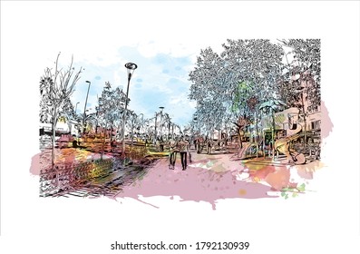 Building view with landmark of Aksaray is a city in the Central Anatolia region of Turkey. Watercolor splash with hand drawn sketch illustration in vector.