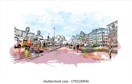 Building view with landmark of Aksaray is a city in the Central Anatolia region of Turkey. Watercolor splash with hand drawn sketch illustration in vector.