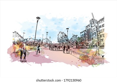 Building view with landmark of Aksaray is a city in the Central Anatolia region of Turkey. Watercolor splash with hand drawn sketch illustration in vector.