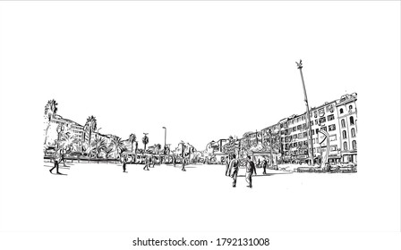 Building view with landmark of Aksaray is a city in the Central Anatolia region of Turkey. Hand drawn sketch illustration in vector.