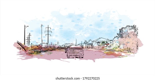 Building view with landmark of Aktobe is a city on the Ilek River in Kazakhstan. Watercolor splash with hand drawn sketch illustration in vector.