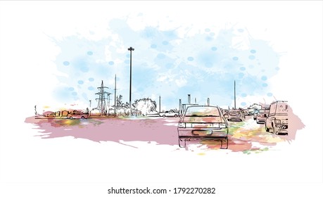 Building view with landmark of Aktobe is a city on the Ilek River in Kazakhstan. Watercolor splash with hand drawn sketch illustration in vector.