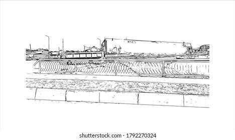 Building view with landmark of Aktobe is a city on the Ilek River in Kazakhstan. Hand drawn sketch illustration in vector.