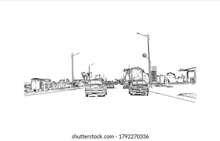 Building view with landmark of Aktobe is a city on the Ilek River in Kazakhstan. Hand drawn sketch illustration in vector.