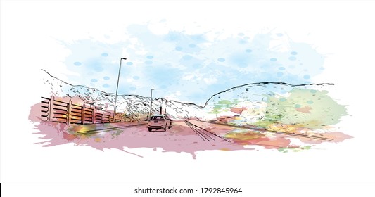 Building view with landmark of Al Ain, in the United Arab Emirates, is an inland oasis city on the eastern border with Oman. Watercolor splash with hand drawn sketch illustration in vector.