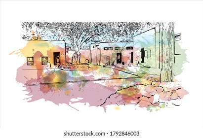 Building view with landmark of Al Ain, in the United Arab Emirates, is an inland oasis city on the eastern border with Oman. Watercolor splash with hand drawn sketch illustration in vector.