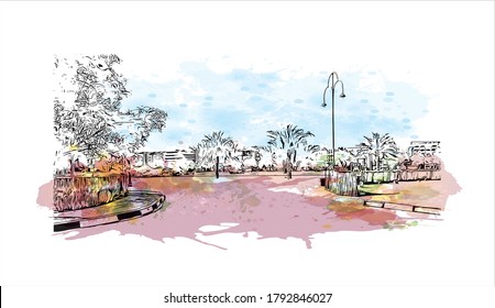 Building view with landmark of Al Ain, in the United Arab Emirates, is an inland oasis city on the eastern border with Oman. Watercolor splash with hand drawn sketch illustration in vector.