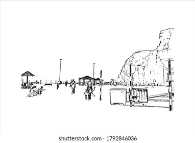 Building view with landmark of Al Ain, in the United Arab Emirates, is an inland oasis city on the eastern border with Oman. Hand drawn sketch illustration in vector.