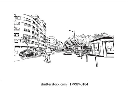 Building view with landmark of Albacete is a city and municipality in the Spanish autonomous community of Castilla–La Mancha. Hand drawn sketch illustration in vector.