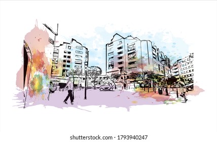 Building view with landmark of Albacete is a city and municipality in the Spanish autonomous community of Castilla–La Mancha. Watercolor splash with hand drawn sketch illustration in vector.