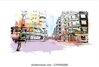 Die Stadt Albacete und die Gemeinde in der Autonomen Gemeinschaft Kastilien-La Mancha sind ein Wahrzeichen der Stadt Albacete. Aquarellspritzer mit handgezeichneter Skizzengrafik in Vektorgrafik.