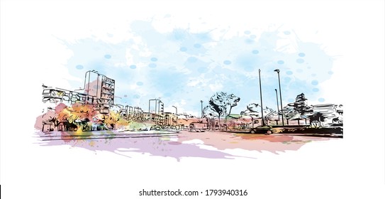 Die Stadt Albacete und die Gemeinde in der Autonomen Gemeinschaft Kastilien-La Mancha sind ein Wahrzeichen der Stadt Albacete. Aquarellspritzer mit handgezeichneter Skizzengrafik in Vektorgrafik.