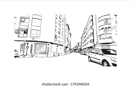 Building view with landmark of Albacete is a city and municipality in the Spanish autonomous community of Castilla–La Mancha. Hand drawn sketch illustration in vector.
