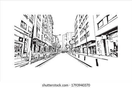 Building view with landmark of Albacete is a city and municipality in the Spanish autonomous community of Castilla–La Mancha. Hand drawn sketch illustration in vector.