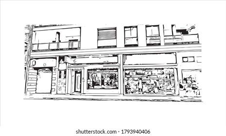 Building view with landmark of Albacete is a city and municipality in the Spanish autonomous community of Castilla–La Mancha. Hand drawn sketch illustration in vector.