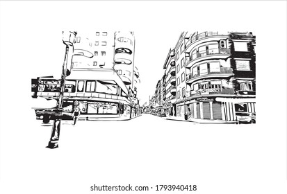 Building view with landmark of Albacete is a city and municipality in the Spanish autonomous community of Castilla–La Mancha. Hand drawn sketch illustration in vector.