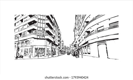 Building view with landmark of Albacete is a city and municipality in the Spanish autonomous community of Castilla–La Mancha. Hand drawn sketch illustration in vector.