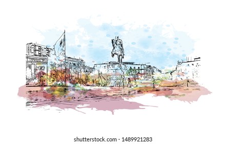 Building view with landmark of Albania, on Southeastern Europe’s Balkan Peninsula. Watercolor splash with Hand drawn sketch illustration in vector.