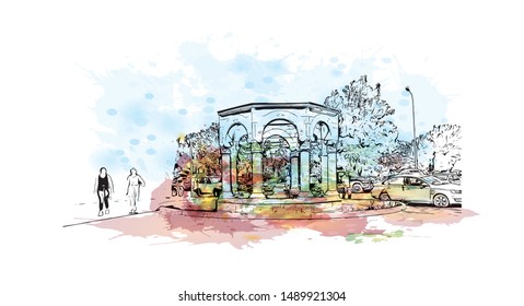 Building view with landmark of Albania, on Southeastern Europe’s Balkan Peninsula. Watercolor splash with Hand drawn sketch illustration in vector.