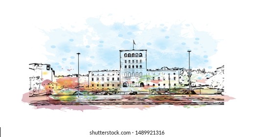 Building view with landmark of Albania, on Southeastern Europe’s Balkan Peninsula. Watercolor splash with Hand drawn sketch illustration in vector.