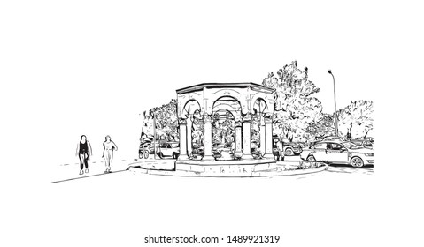 Building view with landmark of Albania, on Southeastern Europe’s Balkan Peninsula. Hand drawn sketch illustration in vector.
