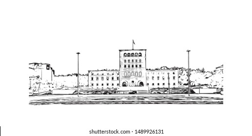 Building view with landmark of Albania, on Southeastern Europe’s Balkan Peninsula. Hand drawn sketch illustration in vector.