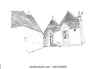 Building view with landmark of Alberobello is a town in Italy’s Apulia region. Hand drawn sketch illustration in vector.