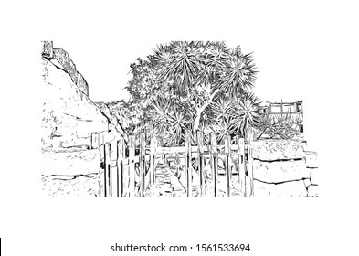 Building view with landmark of Alberobello is a town in Italy’s Apulia region. Hand drawn sketch illustration in vector.
