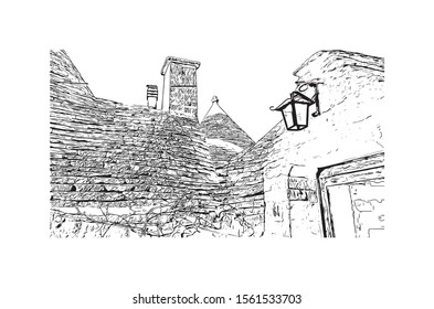 Building view with landmark of Alberobello is a town in Italy’s Apulia region. Hand drawn sketch illustration in vector.