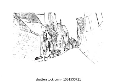 Building view with landmark of Alberobello is a town in Italy’s Apulia region. Hand drawn sketch illustration in vector.