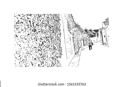 Building view with landmark of Alberobello is a town in Italy’s Apulia region. Hand drawn sketch illustration in vector.