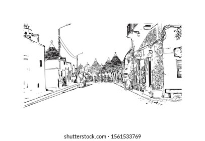 Building view with landmark of Alberobello is a town in Italy’s Apulia region. Hand drawn sketch illustration in vector.