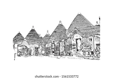 Building view with landmark of Alberobello is a town in Italy’s Apulia region. Hand drawn sketch illustration in vector.