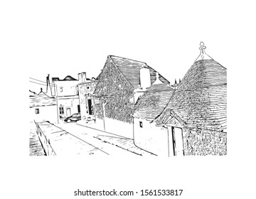 Building view with landmark of Alberobello is a town in Italy’s Apulia region. Hand drawn sketch illustration in vector.