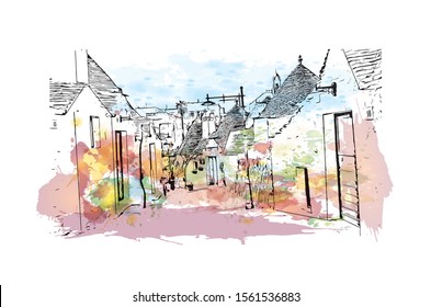Building view with landmark of Alberobello is a town in Italy’s Apulia region. Watercolor splash with Hand drawn sketch illustration in vector.