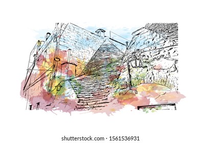 Building view with landmark of Alberobello is a town in Italy’s Apulia region. Watercolor splash with Hand drawn sketch illustration in vector.