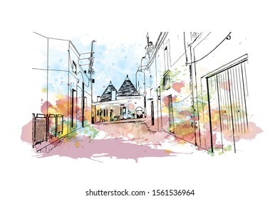 Building view with landmark of Alberobello is a town in Italy’s Apulia region. Watercolor splash with Hand drawn sketch illustration in vector.