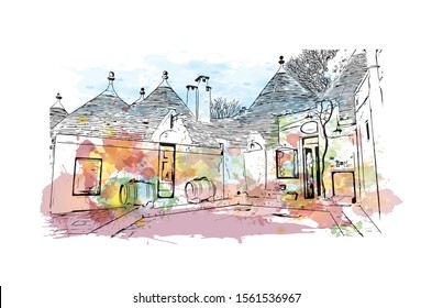 Building view with landmark of Alberobello is a town in Italy’s Apulia region. Watercolor splash with Hand drawn sketch illustration in vector.