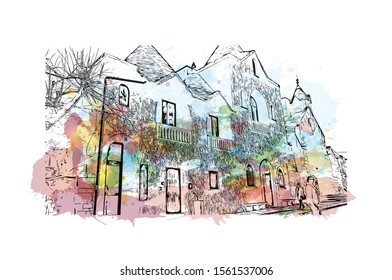 Building view with landmark of Alberobello is a town in Italy’s Apulia region. Watercolor splash with Hand drawn sketch illustration in vector.