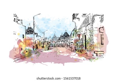 Building view with landmark of Alberobello is a town in Italy’s Apulia region. Watercolor splash with Hand drawn sketch illustration in vector.