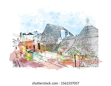 Building view with landmark of Alberobello is a town in Italy’s Apulia region. Watercolor splash with Hand drawn sketch illustration in vector.