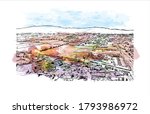 Building view with landmark of Albuquerque, New Mexico’s largest city, sits in the high desert. Watercolor splash with hand drawn sketch illustration in vector.
