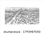 Building view with landmark of Albuquerque, New Mexico’s largest city, sits in the high desert. Hand drawn sketch illustration in vector.