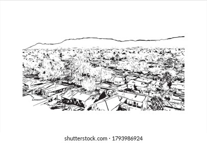 Building view with landmark of Albuquerque, New Mexico’s largest city, sits in the high desert. Hand drawn sketch illustration in vector.